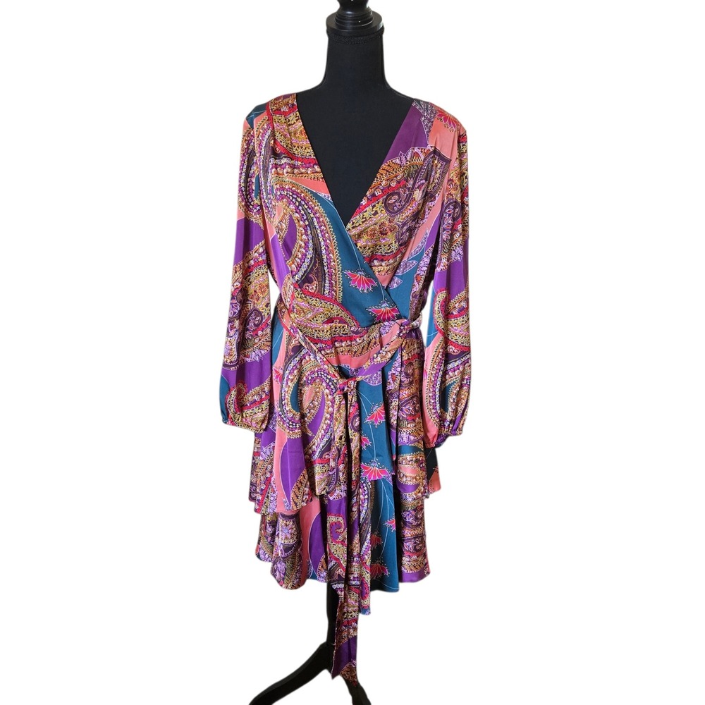 Tahari Arthur S. Levine Pink Teal Paisley Wrap Dress NWT Size 12 15TLMF9WD883